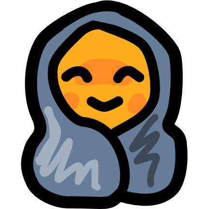 A yellow figure sitting nestled in a dark blue blanket. They have a happy, content expression